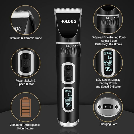 HOLDOG Dog Clippers Professional Heavy Duty Dog Grooming Clipper 3-Speed Low Noise High Power Rechargeable Cordless Pet Grooming Tools for Small & Large Dogs Cats Pets with Thick & Heavy Coats