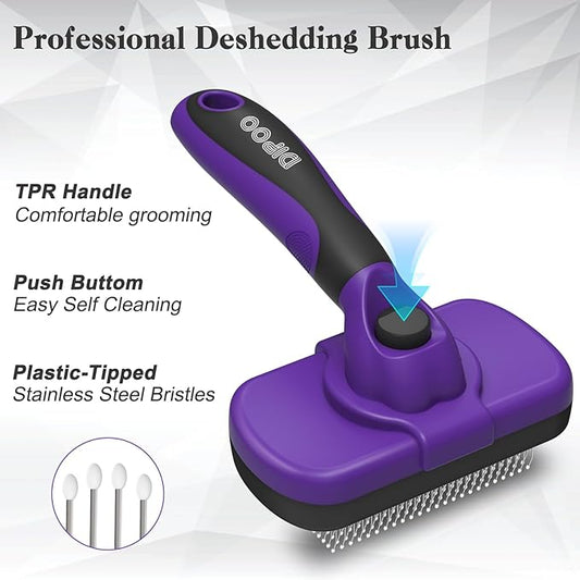 Dipoo Self Cleaning Cat & Dog Grooming Brush - Skin Friendly Deshedding Hair Brush for Haired Dogs & Puppies, Purple