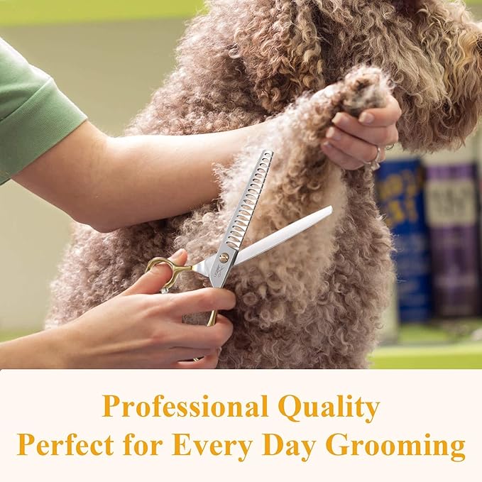 JASON 7.5" 18-Teeth Chunkers Shears for Dogs Cats Grooming Texturizing Blending Thinning Scissor Pets Trimming Kit Sharp Gold Shear for Right Handed Groomers Christmas Gift