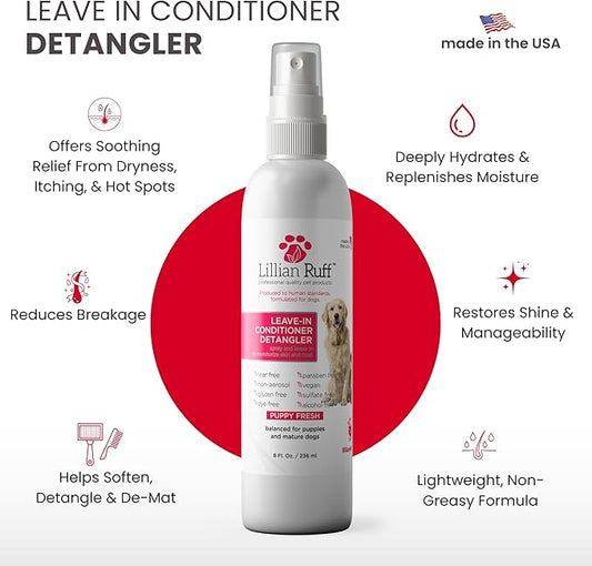 Lillian Ruff Leave-in Dog Conditioner & Detangler Spray - pH Balanced After-Bath No Rinse Hydrating Dog Conditioning Spray - Silky Shine Spray for Dry Skin, Itch Relief, Detangling & Dematting (8oz)