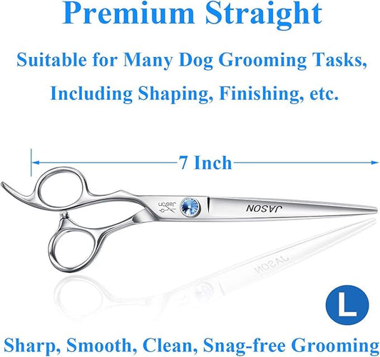 JASON Left Handed 7" Dog Grooming Scissors Set, 3 in 1 Ergonomic Blending, Curved, Straight Cat Pet Hair Trimming Thinning Professional Kits with Offset Handle and a Jeweled Screw Christmas Gift