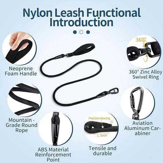 6FT Rope Dog Leash for Medium Large Dogs, Tangle-Free with 360° Swivel & Auto-Locking Aviation Aluminum Carabiner, Thick Nylon Training Lead for Walking, Hiking, Running (Black)