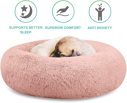 SAVFOX Plush Calming Donut Dog Beds for Small Dogs, Medium, Large & X-Large Breeds, Comfy Cuddler Dog Bed and Cat Bed in Faux Fur, Washable, Multiple Sizes S-XXL