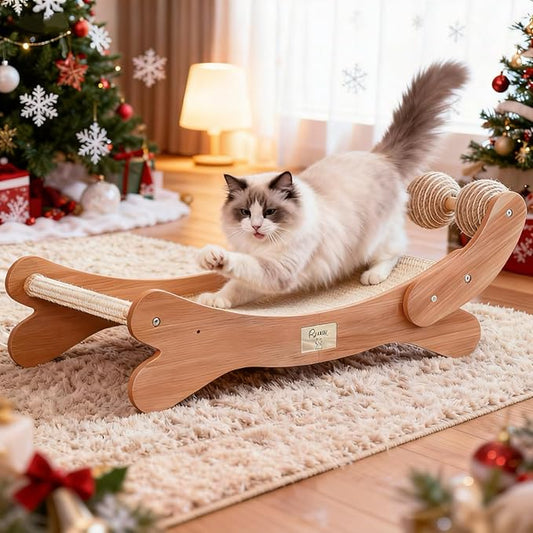 RizzQi Sisal Cat Scratcher Bed with 3 Toy Balls for Indoor Cats, Durable Wooden 3-in-1 Hammock Lounge & Scratch Pad - Modern Furniture for Large Cats, Scratching Post Lounger
