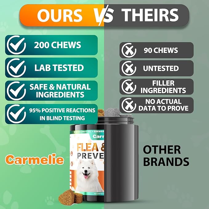 Carmelie Flea and Tick Prevention for Dogs Chewables - 200 Soft Chews Natural Dog Flea and Tick Chewables, Oral Flea Supplement for Dogs, Puppy Flea Support - All Breeds & Ages - Chicken Flavor