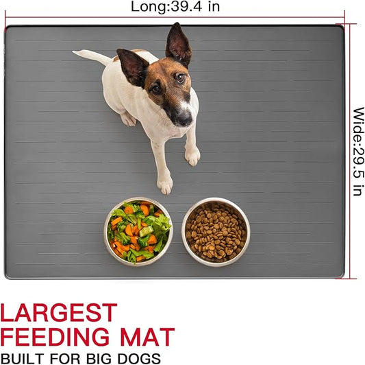 39.4"x29.5" Large Pet Food Mat, Silicone Dog Mats for Food and Water, Nonslip Pet Feeding Mats for Floors,Dog Cat Bowl Mat with Raised Edges, Avocado Green
