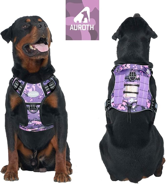 AUROTH Tactical Dog Harness for Large Dogs No Pull Adjustable Pet Harness Reflective K9 Working Training Easy Control Pet Vest Military Service Dog Harnesses Purple Camo XXL