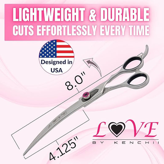 Kenchii Love Dog Grooming Scissors, 8 Inch Curved Shears, Dog Scissors for Grooming, Professional Pet Grooming Scissors, Ergonomic & Comfortable