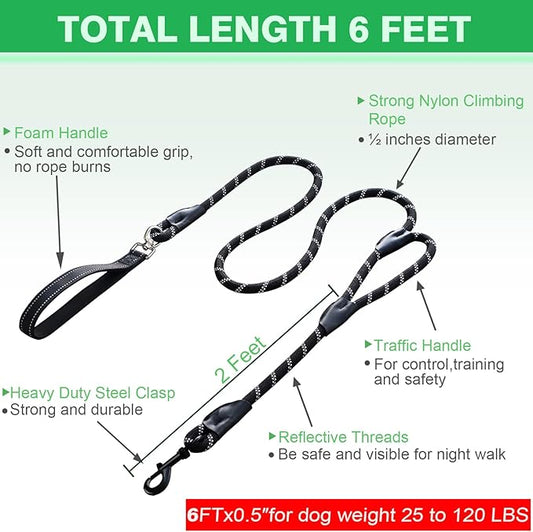 Dog Leash, 6 Foot Dog Leash, 2 Extra Padded Handles, Lockable Metal Carabiner Clip, Reflective No Pull Heavy Duty Rope Lead, Walking, Training, Running, Medium to Large Breeds(Black)