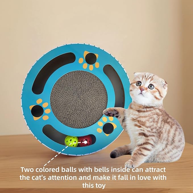 Jollytail Interactive cat Toys for Indoor Cats Scratch pad with 2 Bell Balls and Kitten Tunnel and Scratching Board 11.81 Inch Round