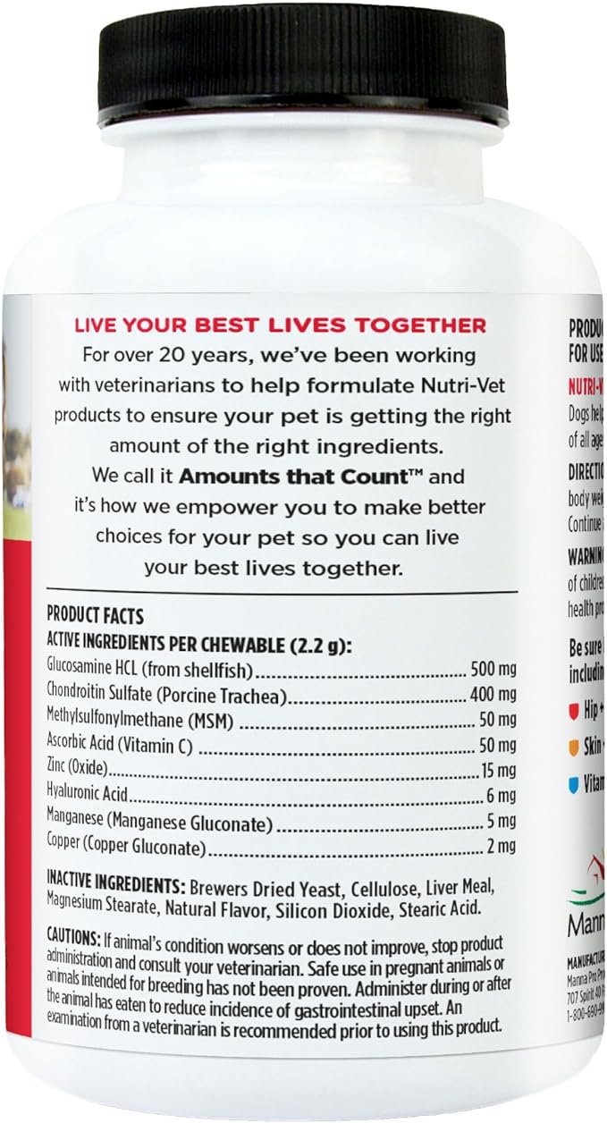 Nutri-Vet Advanced Strength Hip & Joint Supplement for Dogs, Puppy Supplements, Dog Joint Supplement, Contains 500mg of Glucosamine, 400mg of Chondroitin, 50mg of MSM, Puppy Essentials, 300 Tablets
