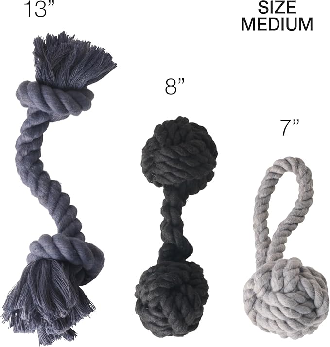 Brady The Rope Tug Toy 3-Pack Organic Cotton Dog Rope Pull Toys for All Pet Breeds, Gray Ombre, One Size