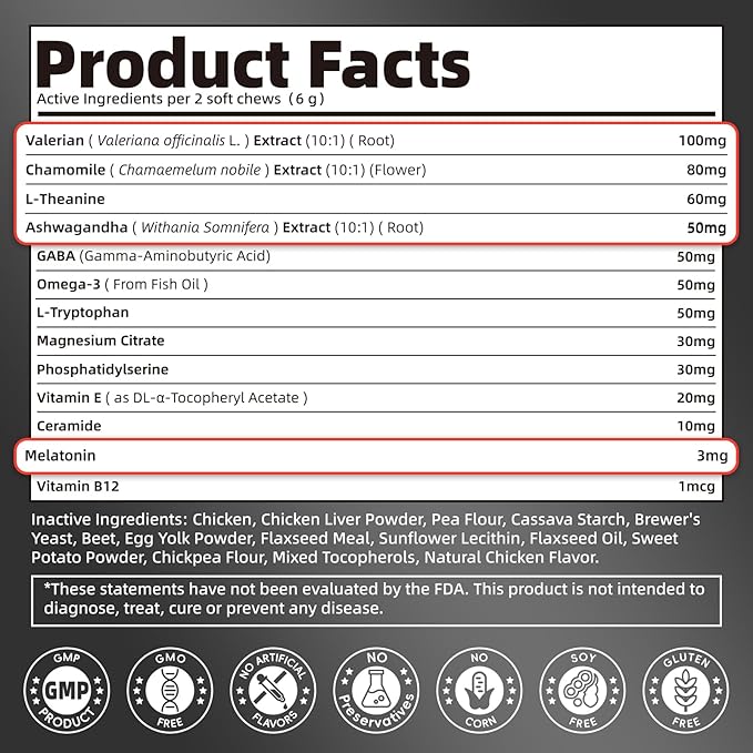 POPPAW Melatonin for Dogs, Calming Chews with Valerian Root & L-Theanine for Sleep Aid & Emotional Support, Calming Treats for Stress Anxiety Relief, Thunder, Fireworks, Barking, Chicken Flavor, 90Ct