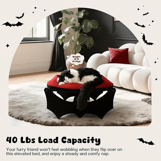 Gothic Cat Bed with Bat Design, Wooden Elevated Cat Beds with Sisal Scratching Mat, Cats Scratcher Bed with Removable Fluffy Cushion, Raised Pet Bed for Large Cats, 22" L x 17.7" W, Black