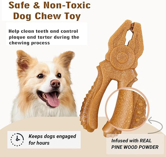 Dog Chew Toys, Aggressive chewer toy for Medium& Large dogs, Made of real pine wood and durable Food-Grade nylon, with Tool Shape Design for Dental Cleaning and Long-Lasting Chewing (brown-Pliers)