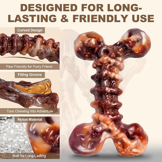 Dog Toys for Aggressive Chewers - 3 Pack Bacon Flavored Indestructible Dog Toy, Big Tough Chew Bone for Medium Large Breed 25-80lbs to Keep Them Busy, Happy Dog Gift (Brown)