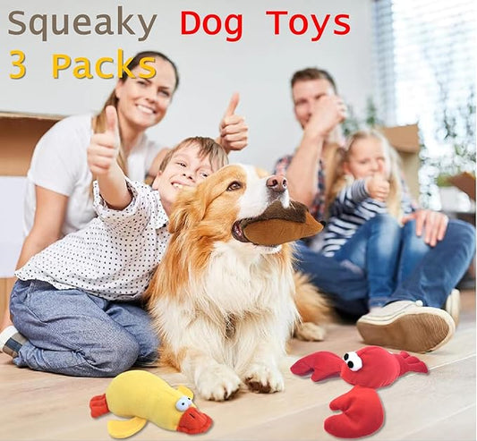 JKW Squeaky Plush Dog Toy Set, 3 Pack Interactive Pet Toys, Chew Toys for Small Medium Large Dogs (Lobster 3 Pack)