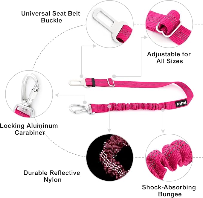 Dog Seat Belt for Car, Adjustable Dog Car Harness Seatbelt for Small Medium Large Dogs, Heavy Duty Travel Safety Restraint with Locking Aluminum Hook & Reflective Nylon Strap, Pink