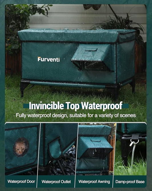 Outdoor Heated Cat House in Winter,Extremely Insulated & Weatherproof,Elevated Feral Cat Shelter with Waterproof Eaves & Escape Door for Outside Stray Barn Cat (Dark Green, XL)
