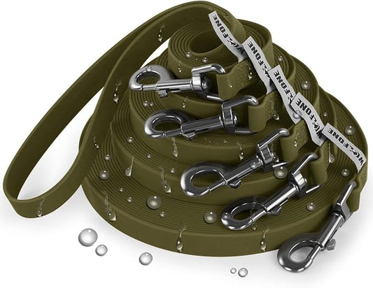 Wolfone 50ft Army Green Long Leash - Waterproof Training Dog Leash for Recall, Swimming, Camping, Beach, Hunting, Walking