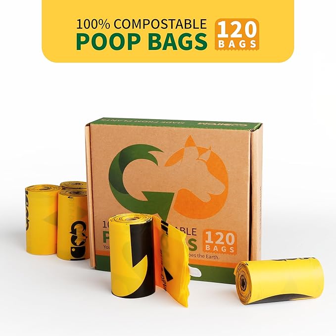 Certified 100% Home Compostable Poop Bags for Dogs, 120 Count Guaranteed Leak Proof and 18 Microns Extra Thick Waste Bag, 8 Rolls of Plant Based Doggie Poop Bag, No Scented with ASTM D6400 & EN13432