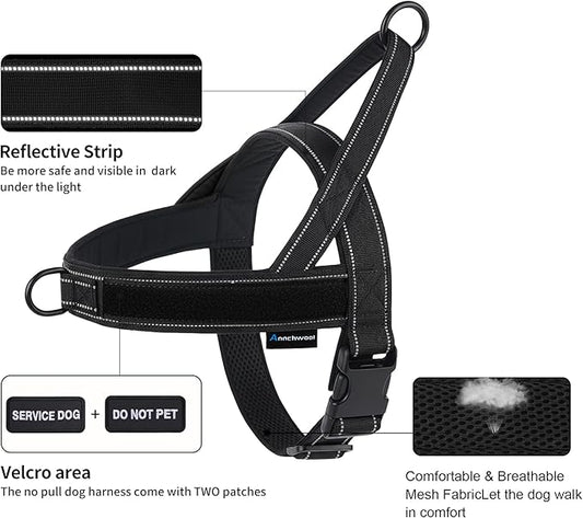 Annchwool No Pull Dog Harness,Heavy Duty Reflective Collar & Leash Set-Dog Leash with Double Handle & Car Seatbelt Clip-Easy Control for Walking Training Medium Large Size Dogs(Black,S)