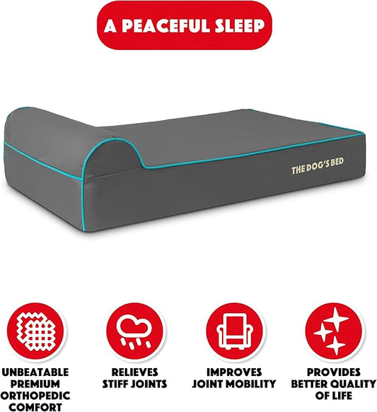 The Dog’s Bed Orthopedic Headrest Dog Bed Large Grey/Blue, Memory Foam, Pain Relief for Arthritis, Hip & Elbow Dysplasia, Post Surgery, Lameness, Waterproof Washable Cover, Veterinary Approved