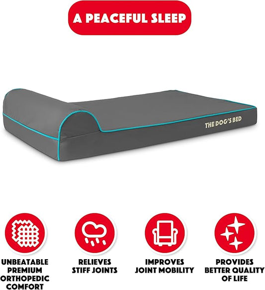 The Dog’s Bed Orthopedic Headrest Dog Bed Large Grey with Blue Trim, Memory Foam, Pain Relief for Arthritis, Hip & Elbow Dysplasia, Post Surgery, Waterproof Washable Cover, Veterinary Approved