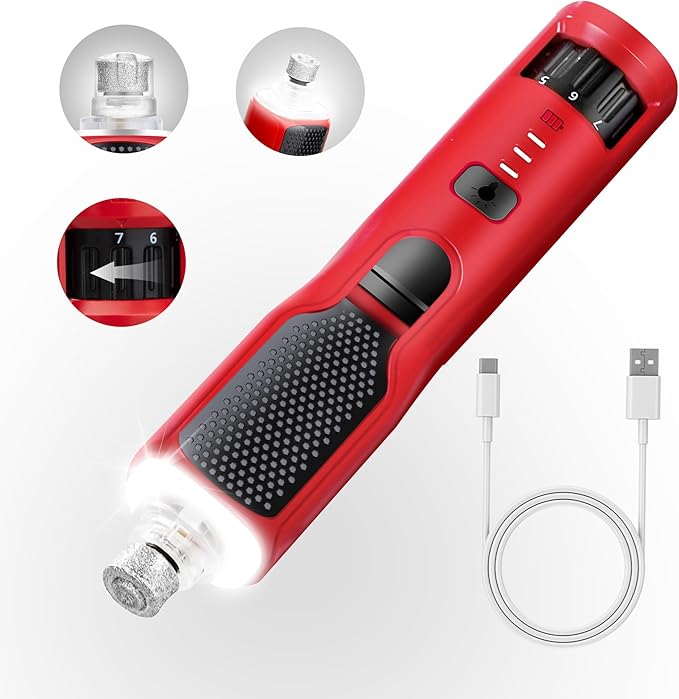 7-Speed Dog & Cat Nail Grinder with Light - Ring LED Safe to Avoid Overcut, Quiet Low Vibration & Powerful Fast, Cordless Rechargeable Toenail Trimmer for Small & Large Puppy & Breeds Paws(Red)