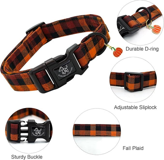 Elegant little tail Fall Dog Collar, Fall Plaid Pet Dog Collar Cotton Soft Male Dog Collars Holiday with Quick Release Buckle Pet Puppy Collars for X-Small Dogs