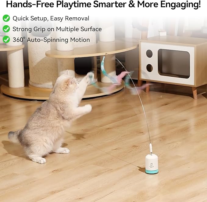 Migipaws Interactive Automatic Cat Teaser Wand Toy with Strong Suction Cup, 70cm Flexible Wire & DIY Bending Design, Rechargeable Cat Exercise Toy with Auto Timer for Indoor Cats (White)