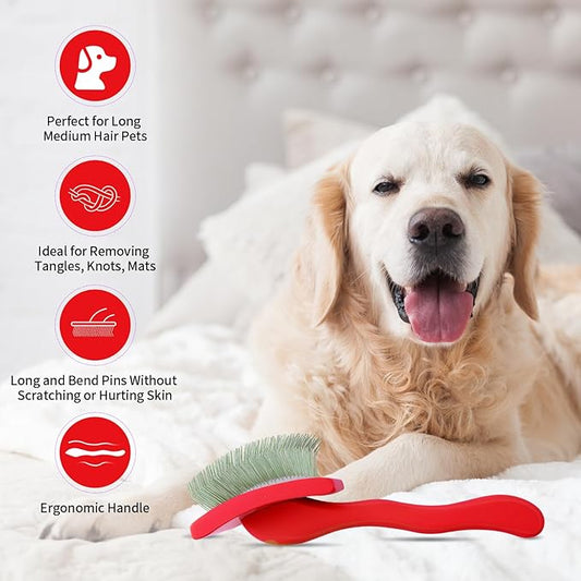 Dog Slicker Brush & Stainless Steel Comb Set for Shedding & Grooming Medium & Large Long or Thick Coated Dogs, Doodles & Cats, 1 Inch Pin Slicker Brush with Ergonomic Wooden Handle, Red
