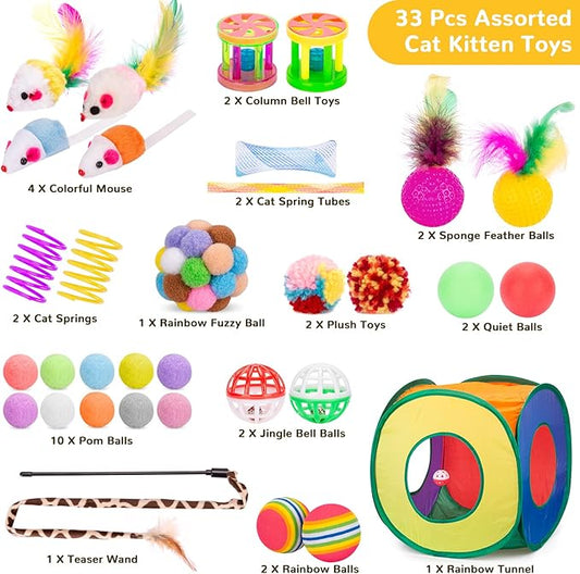 Retro Shaw Cat Toys Pack 33Pcs, Interactive Kitten Toys for Indoor Cats Kitty with Collapsible Play Tunnel Tube Tent Feather Wand Teaser Bell Fuzzy Ball Springs Mouse Toy