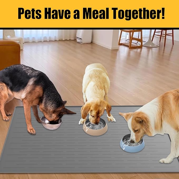 Large Dog Mat for Food and Water, 31.8"x23.8" Silicone Pet Feeding Mats, Waterproof Dog Bowl Mat with High Edges to Prevent Water and Food Spills, Dark Gray