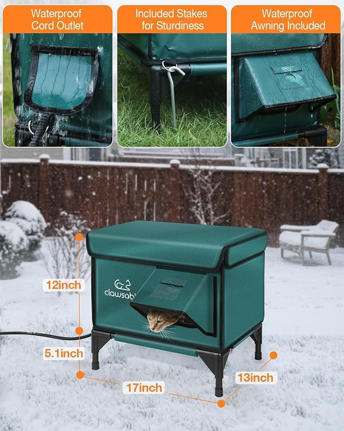 Indestructible Heated Cat House for Outside Winter, 100% Waterproof, Safe Escape Door, Insulated Outdoor Cat Shelter with Heater for Feral Barn Cat Kitty (Forest Green, 13"x17"x18")