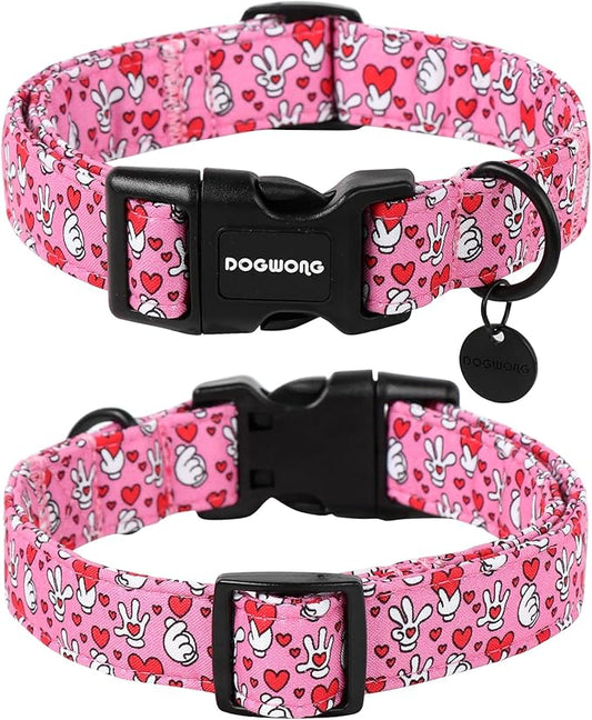 DOGWONG Pink Heart Dog Collar Adjustable Soft Natural Fabric Girl Pet Dog Collar Cute Heart Valentine Puppy Necklace for Small Medium Large Dog