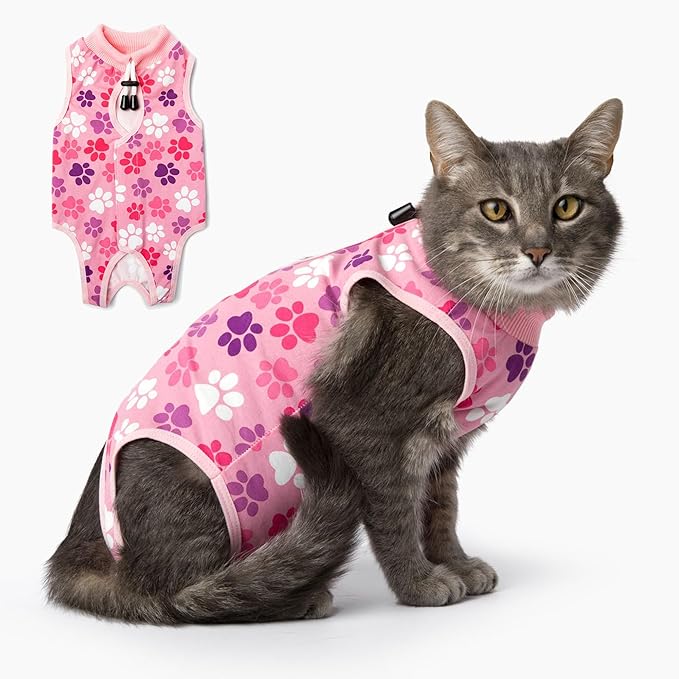 COZYDOODZ Cat Recovery Suit – Soft Breathable Cat Onesie for Female & Male Cats After Surgery, Spay, Neuter or Wounds, Cat Surgery Suit, Recovery Suit for Cats, Cone Alternative, Pink Paw Print
