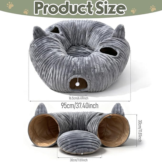 OurWarm Cat Tunnel Bed for Indoor Cats - Round Cat Tunnel Bed with Removable and Washable Circle Cushion, Donut Cats Play Tunnels, Kitten Toys with Ear Sounds for Kitten/Puppy/Rabbit, Grey