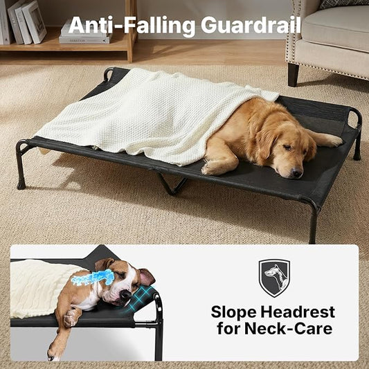 Veehoo Outdoor Elevated Dog Bed, 53" XXL Raised Dog Bed with Headrest Sides, Washable Cooling Dog Cot with Non-Skid Feet, Breathable Mesh, Portable Pet Hammock for Indoor or Camping, Black