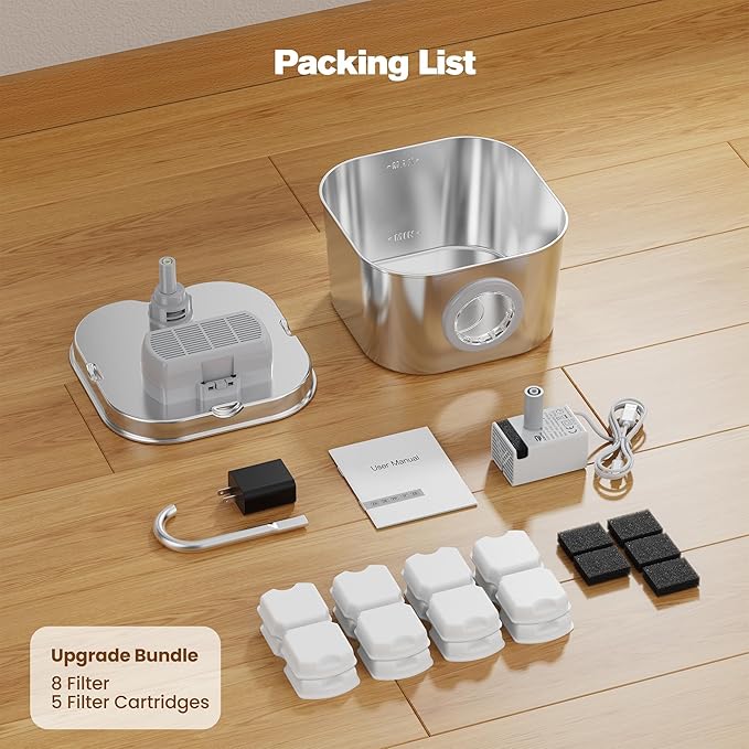 HOOISE Cat Water Fountain with 8 Filters + 5 Sponges,Small Pet Waterer Dispenser Fountains for Drinking Cats Indoor Metal Automatic Waterer Bowl 24/7 Running Auto Kitty Watering Supplies Quiet Pump