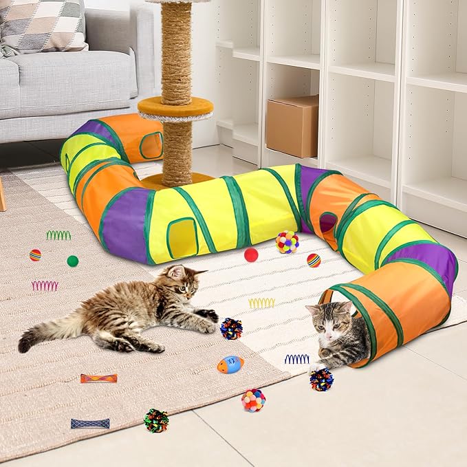 Retro Shaw 25Pcs Cat Toys with Kitten Tunnels, Interactive Kitty Toys for Indoor Cats, Large Cat Tube Tent Feather Wand Teaser Balls Bell Fuzzy Springs Mouse Crincly - Extra Longer Cats Tunnel Set
