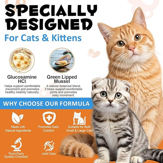 Ruduwu Hip & Joint Bites for Cats - Chicken Flavored Glucosamine Joint Supplement for Cats - Cat Joint Supplement for HIPS & Joints, Cat Arthritis Pain Relief, with Green Lipped Mussel, 7.4 oz