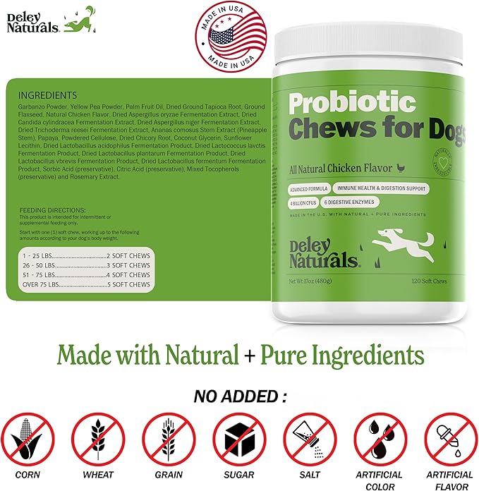 Deley Naturals Dog Probiotic Chews - Dogs Probiotic for Digestive Health with 4 Billion CFUs & Digestive Enzymes - Anti Diarrhea for Dogs - Dog Gut Health Probiotics for Allergies - Made in The USA