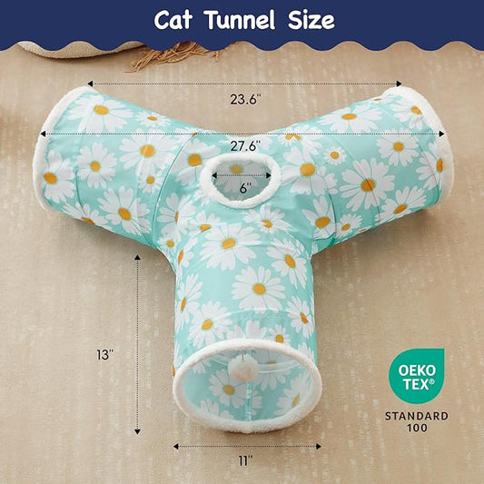 Tempcore Pet Cat Tunnel Tube Cat Toys 3 Way Collapsible, Cat Tunnels for Indoor Cats,Kitty Tunnel Bored Pet Toys Peek Hole Toy Ball, Puppy, Kitty, Kitten, Rabbit Daisy Blue Printed