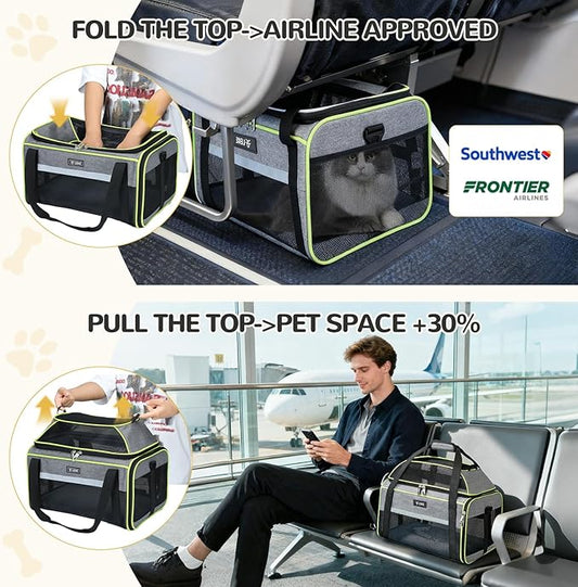 Lekereise Top-Expandable Pet Carrier 18x13x9.5 Inch Southwest Frontier Airline Approved Soft Sided Underseat to 15lbs Travel Carriers for Small Cats Dogs with Locking Safety Zippers Anti-Scratch Mesh