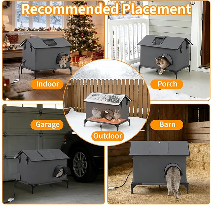 Large Heated Cat House for Outside, Weatherproof Insulated Indoor Extra Large Multi-Cat House with Adjustable Heating Pad, Escape Door & Elevated Base, Warm Shelter for Feral Stray Barn Cats