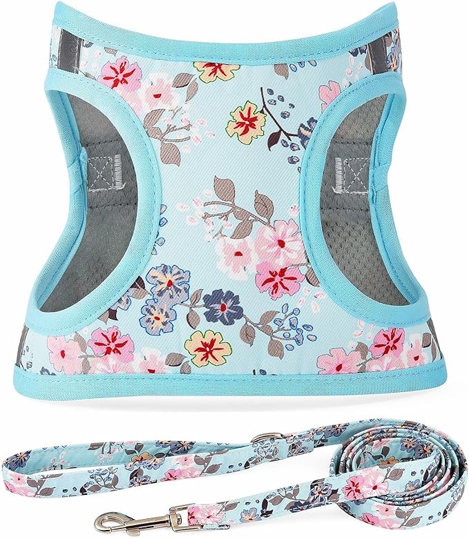 Moonpet Step in Dog Harness Leash Set- All Weather Reflective No-Pull Floral Pattern Padded Mesh Vest Harness for Cats Puppy Extra-Small Small Medium Large Dogs - Bell Orchid - XXS