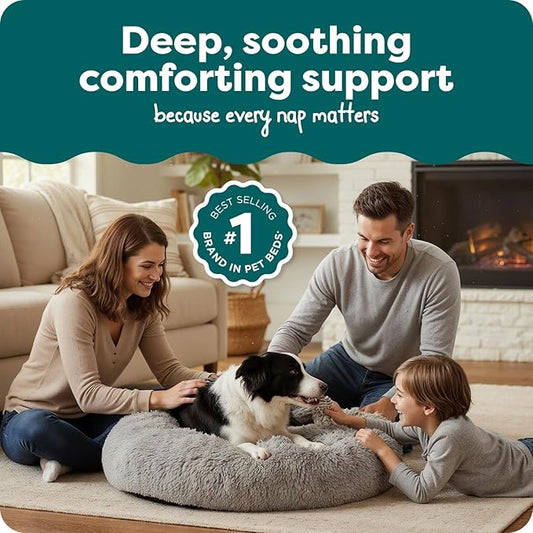 FurHaven 36" Calming Donut Dog Bed for Large Dogs, Round Plush Donut Design with Soft Filling for Snuggling Comfort, Removable Washable Cover, Large, Shaggy Faux Fur, Mist Gray