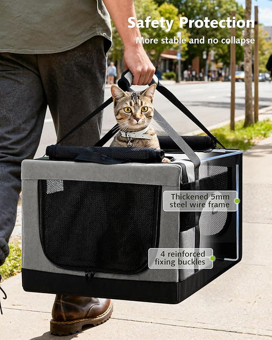 Pecute Large Cat Carrier for 2 Cats Built-in Steel Frame & Removable Divider,Pet Carrier for Car Travel,Foldable Dog Crate,Soft Double Cat Crate with Breathable Mesh,Vet,Gray