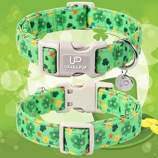St. Patrick's Dog Collar, Cotton St. Patricks Clover Collar for Puppy Girl Boy Dog or Cat, Lucky Shamrock Dog Collar with Quick Release, Spring Green Dog Collars